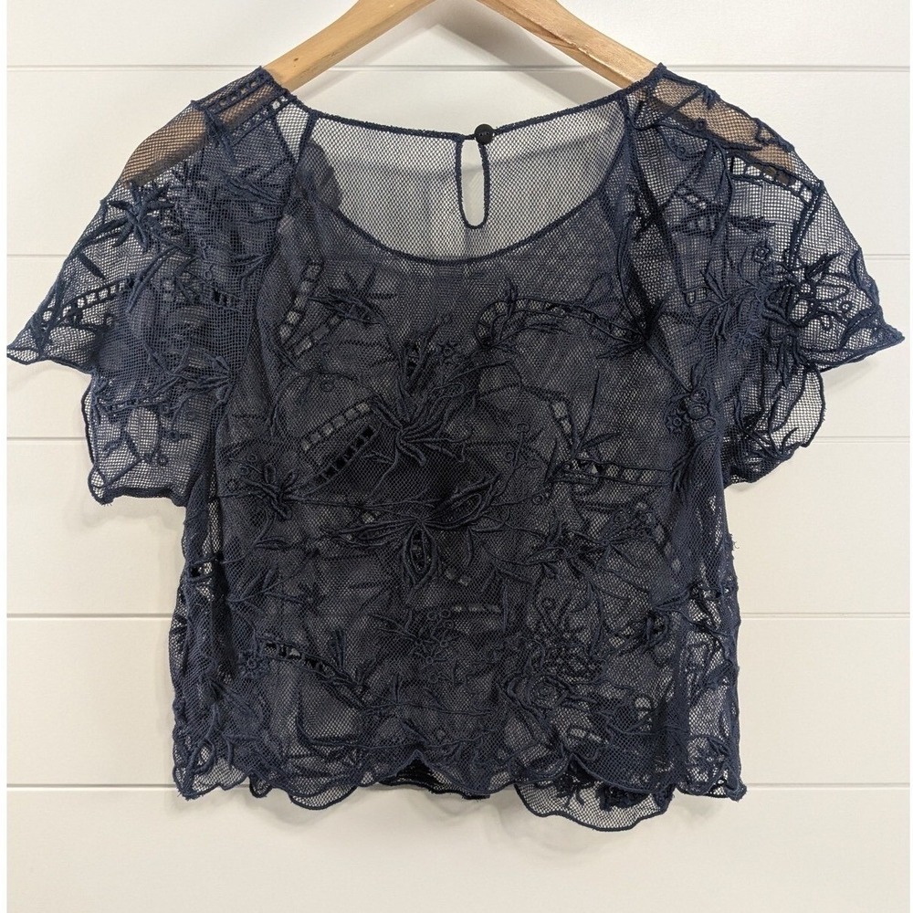 Vanessa Virginia Anthropologie Womens Floral Sheer Lace Crop Top S Blue Romantic - Picture 1 of 11